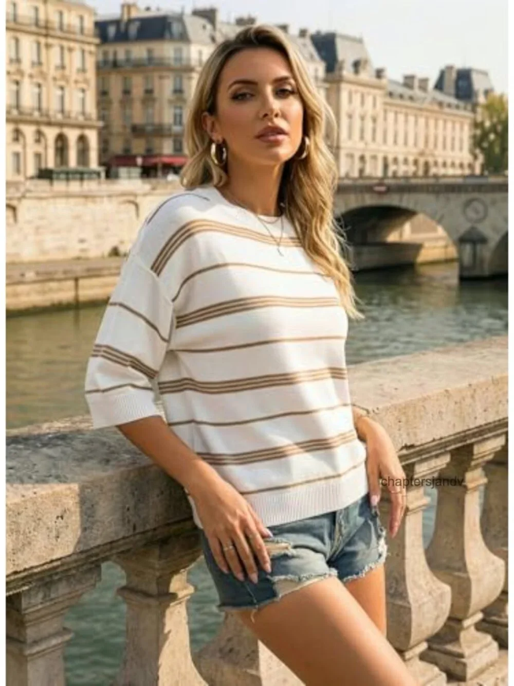 Womens Oversized 3/4 Sleeve Striped Lightweight Knit Sweater